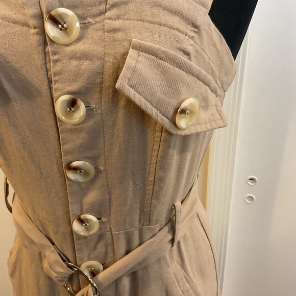 🌹 Khaki Beige Belted Utility Linen Button Down Sleeveless Jumpsuit - Picture 5 of 8
